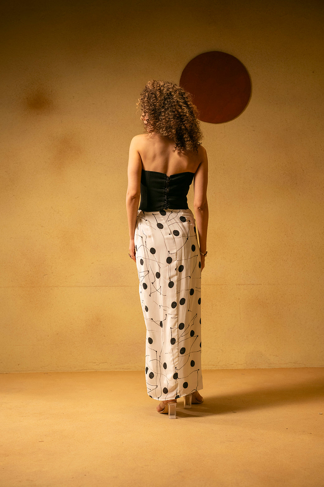 Corset with printed draped skirt with scarf