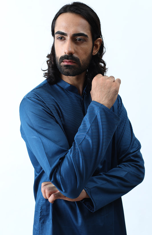 YALE BLUE STITCHLINES KURTA SET