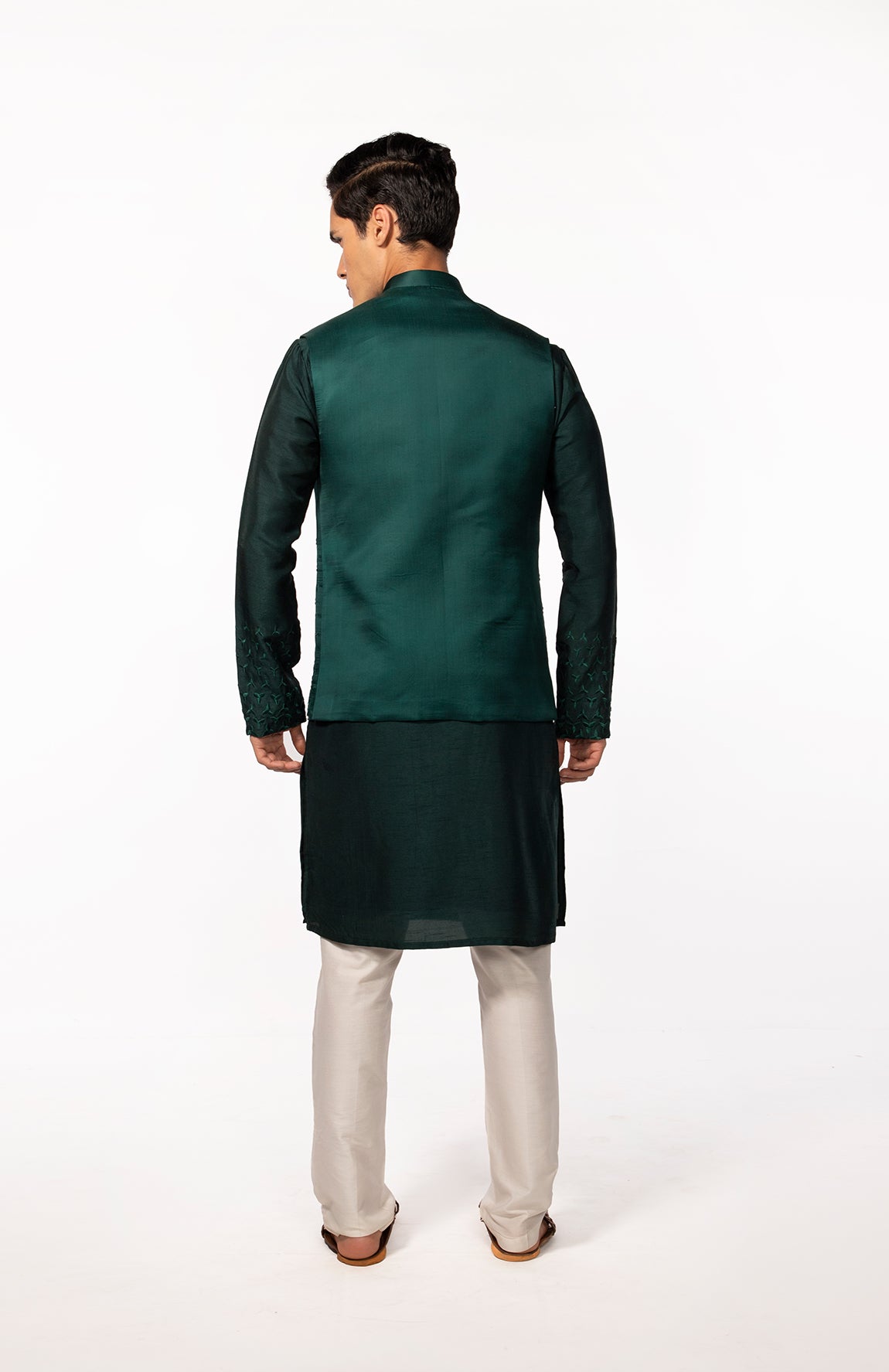 BOTTLE GREEN EMBROIDERED BUNDI