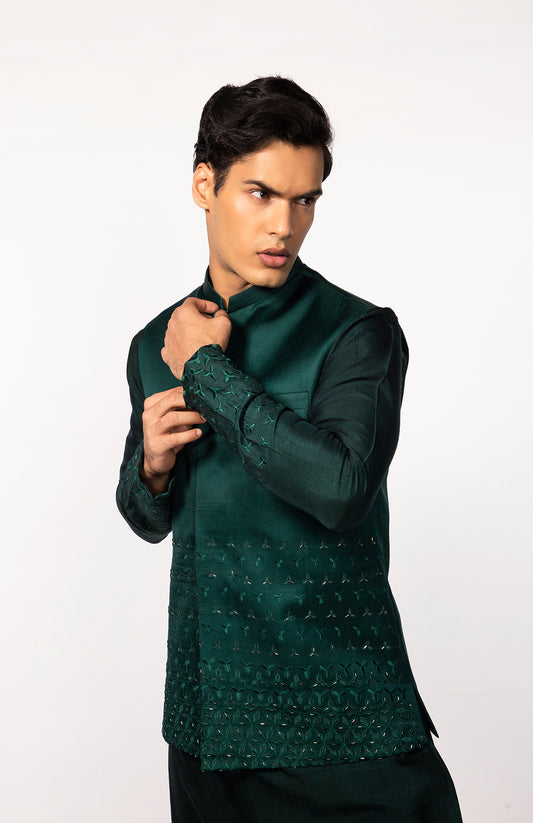 BOTTLE GREEN EMBROIDERED BUNDI