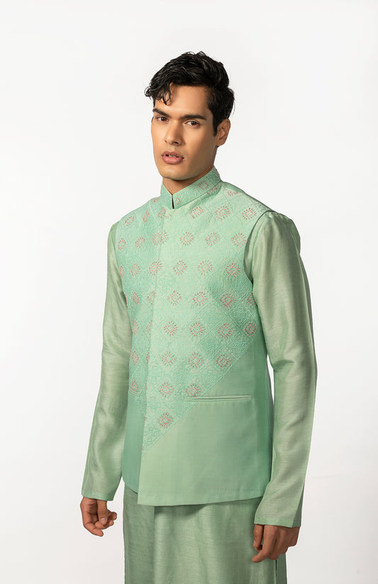SEA GREEN HAND EMBROIDERED BUNDI WITH SEA GREEN HAND EMBROIDERED KURTA SET