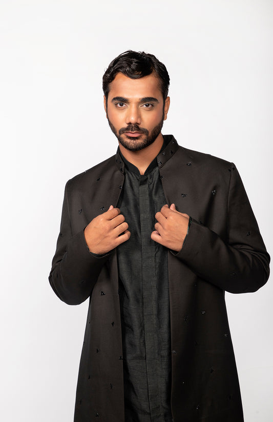 OLIVE EMBROIDERED OPEN JACKET WITH KURTA SET