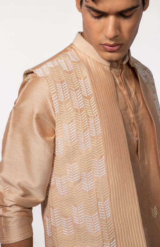 ROSEGOLD PINTUCK WITH EMBROIDERED BUNDI WITH ROSEGOLD KURTA SET