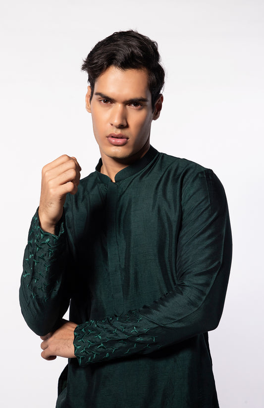 BOTTLE GREEN EMBROIDERED KURTA SET
