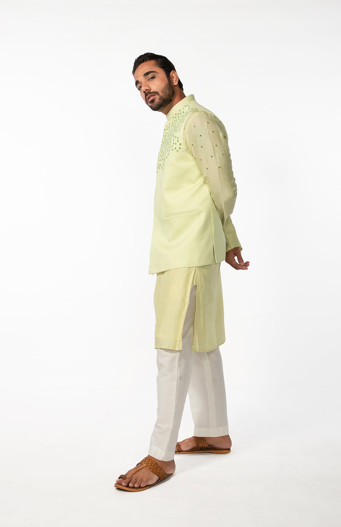 MINT GREEN ABSTRACT MIRROR BUNDI WITH MINT GREEN MIRROR ABSTRACT KURTA SET