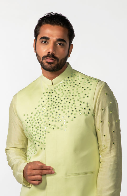 MINT GREEN ABSTRACT MIRROR BUNDI WITH MINT GREEN MIRROR ABSTRACT KURTA SET