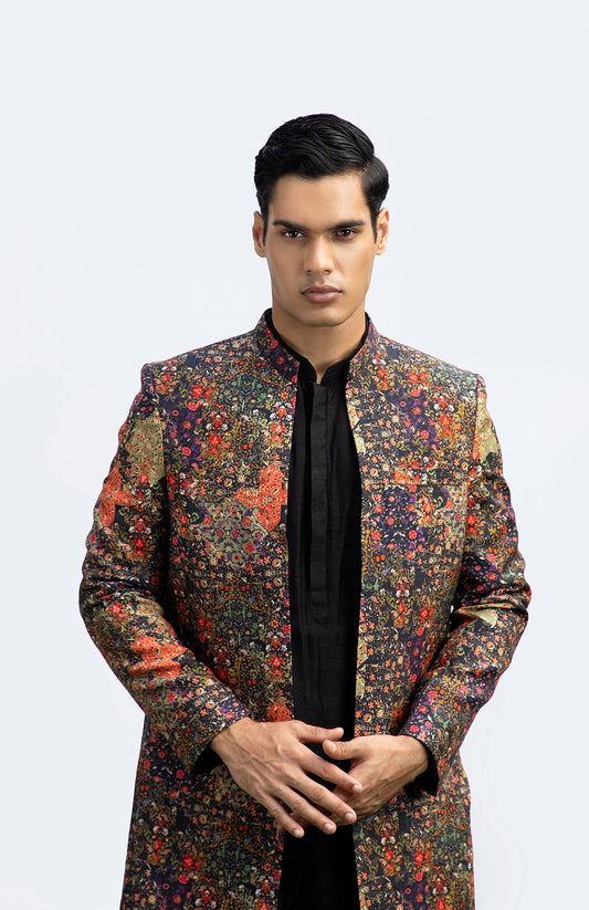 BLACK PRINTED LONG OPEN JACKET