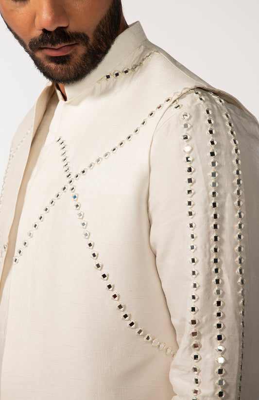 IVORY MIRROR BUNDI WITH IVORY SLEEVE MIRROR KURTA