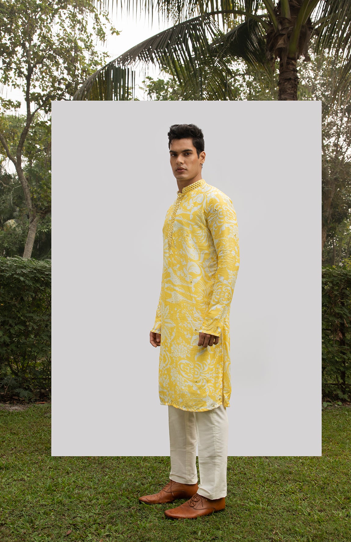 YELLOW PRINT MIRROR KURTA SET