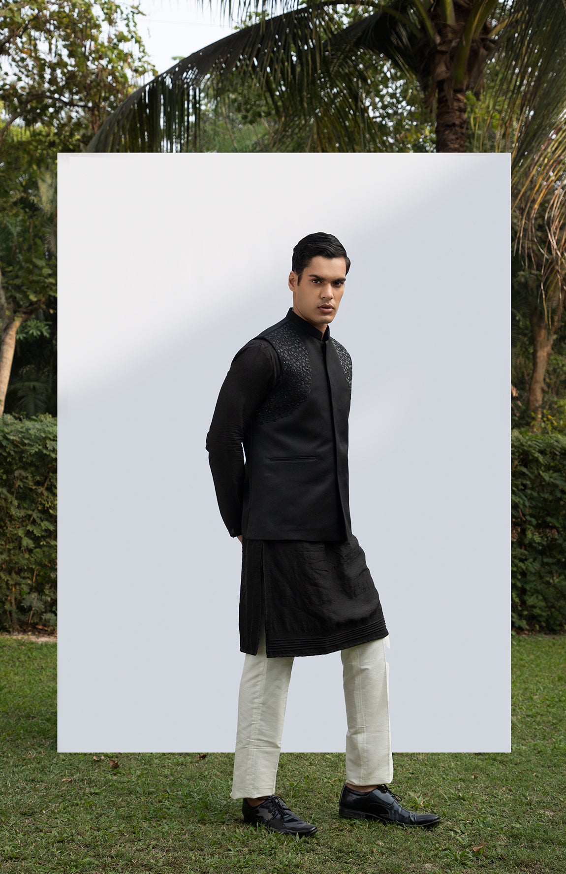 BLACK PINTUCK KURTA SET WITH BLACK EMBELLISHED BUNDI