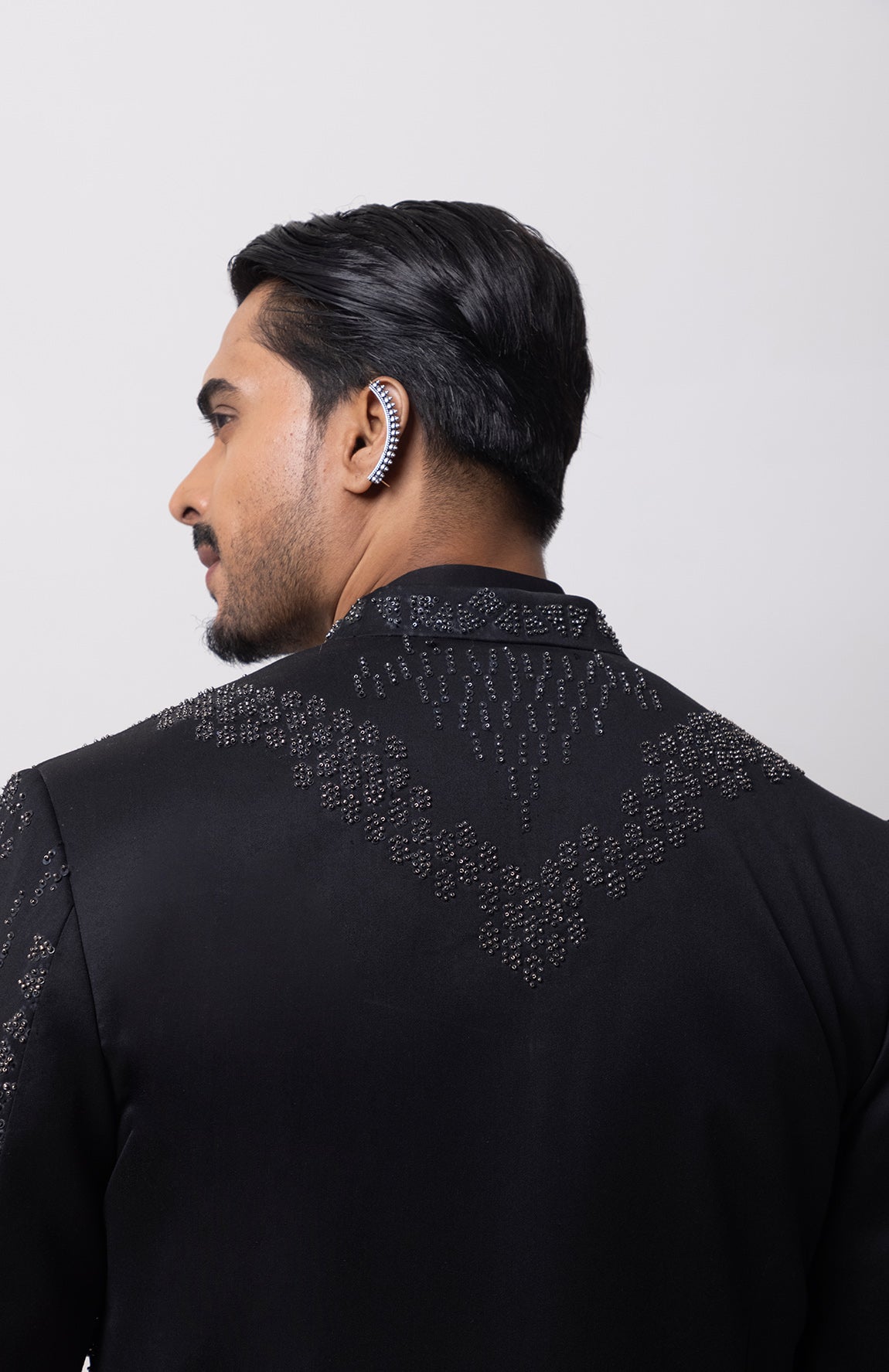 METALLIC MIDNIGHT INDOWESTERN OPEN JACKET WITH KURTA AND TROUSER SET