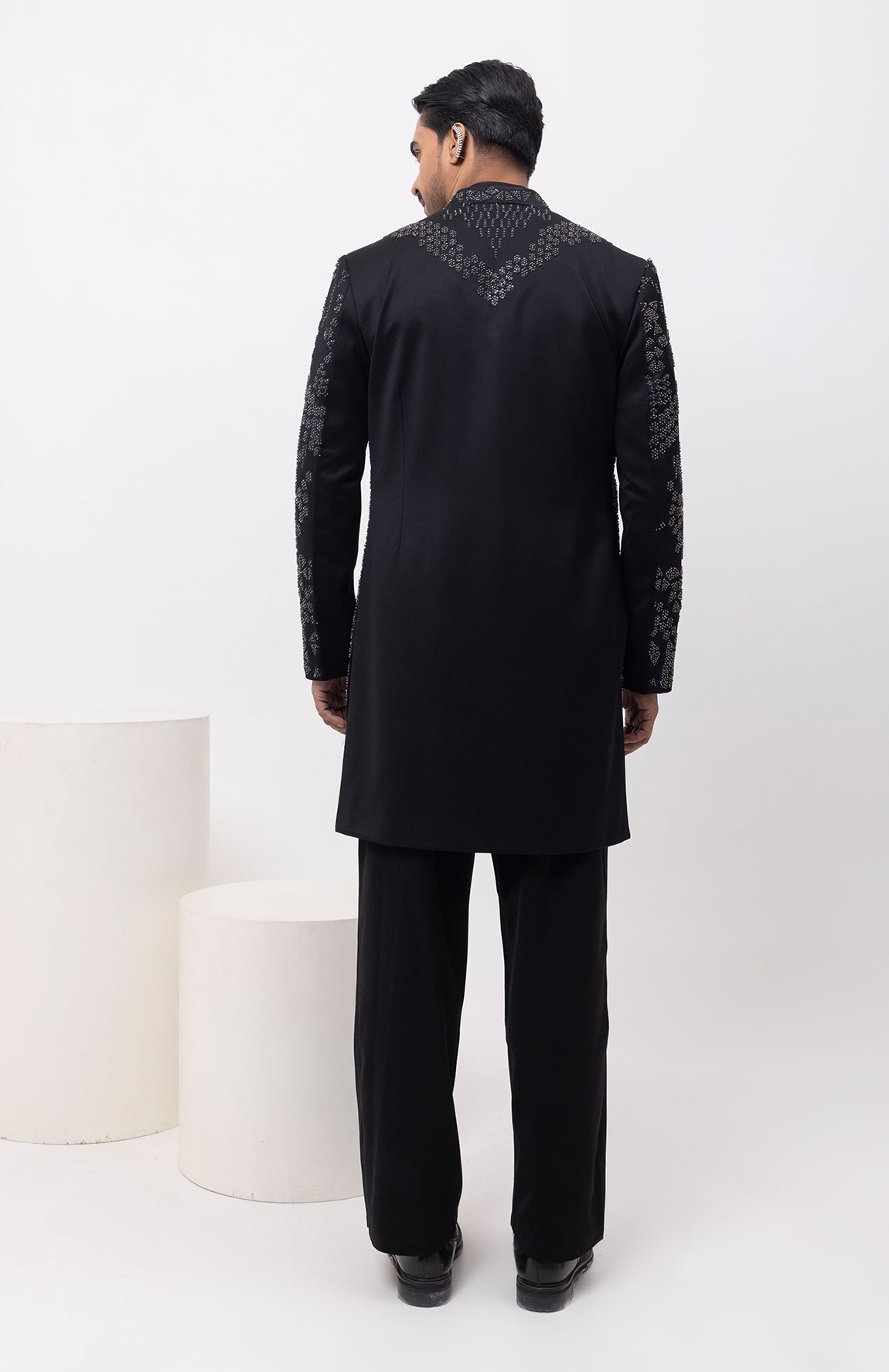 METALLIC MIDNIGHT INDOWESTERN OPEN JACKET WITH KURTA AND TROUSER SET