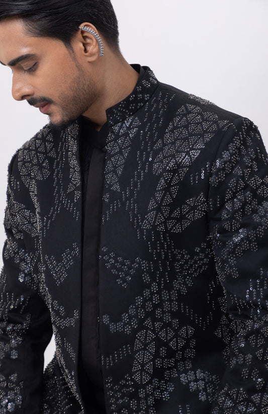 METALLIC MIDNIGHT INDOWESTERN OPEN JACKET WITH KURTA AND TROUSER SET