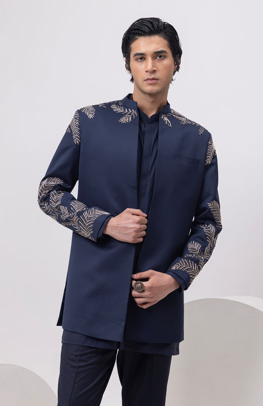 LEAF SILVER - INDOWESTERN SHORT OPEN JACKET WITH KURTA AND TROUSER SET