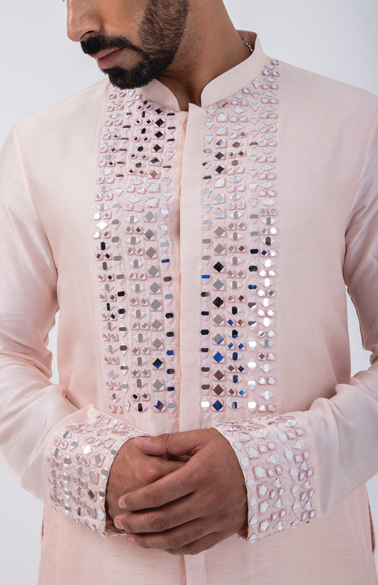 PEACH FRONT OPEN MIRROR KURTA SET