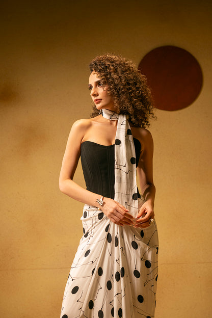Corset with printed draped skirt with scarf