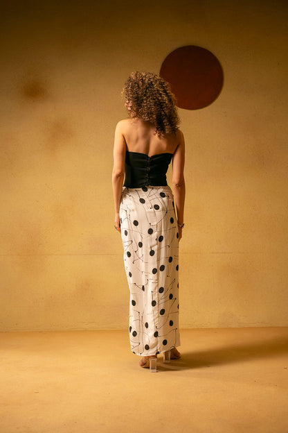 Corset with printed draped skirt with scarf