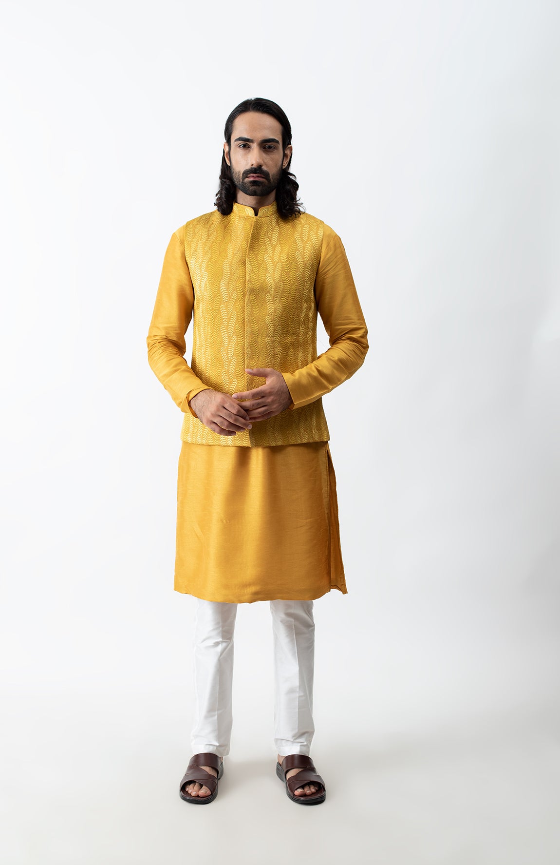 MUSTARD YELLOW EMBROIDERED BUNDI