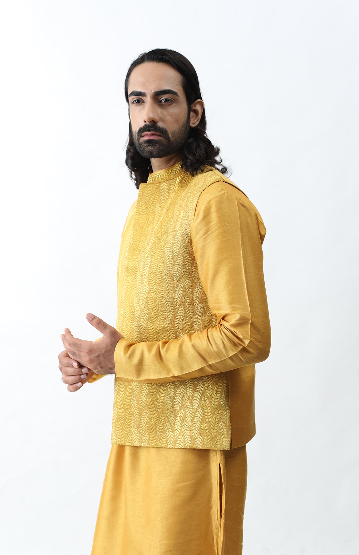 MUSTARD YELLOW EMBROIDERED BUNDI