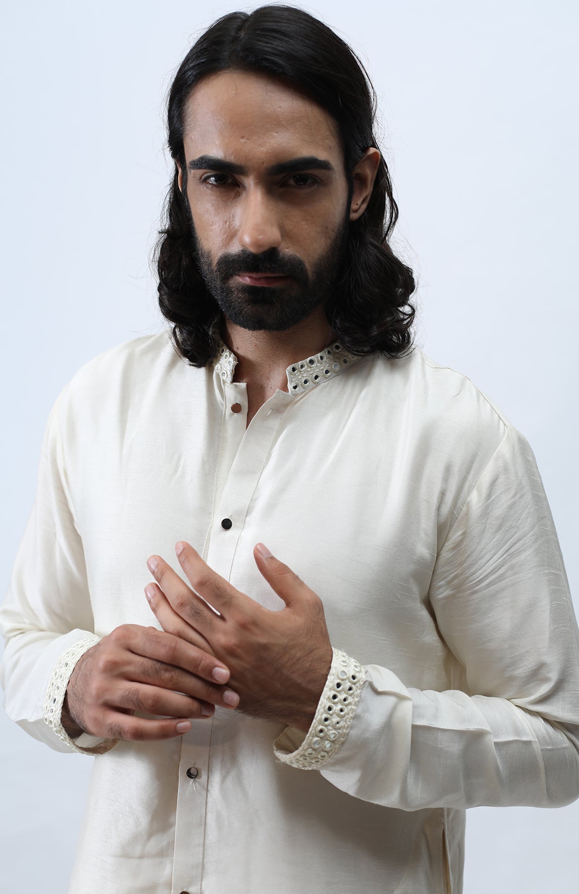 IVORY MIRROR FRONT OPEN HIGH-LOW KURTA SET