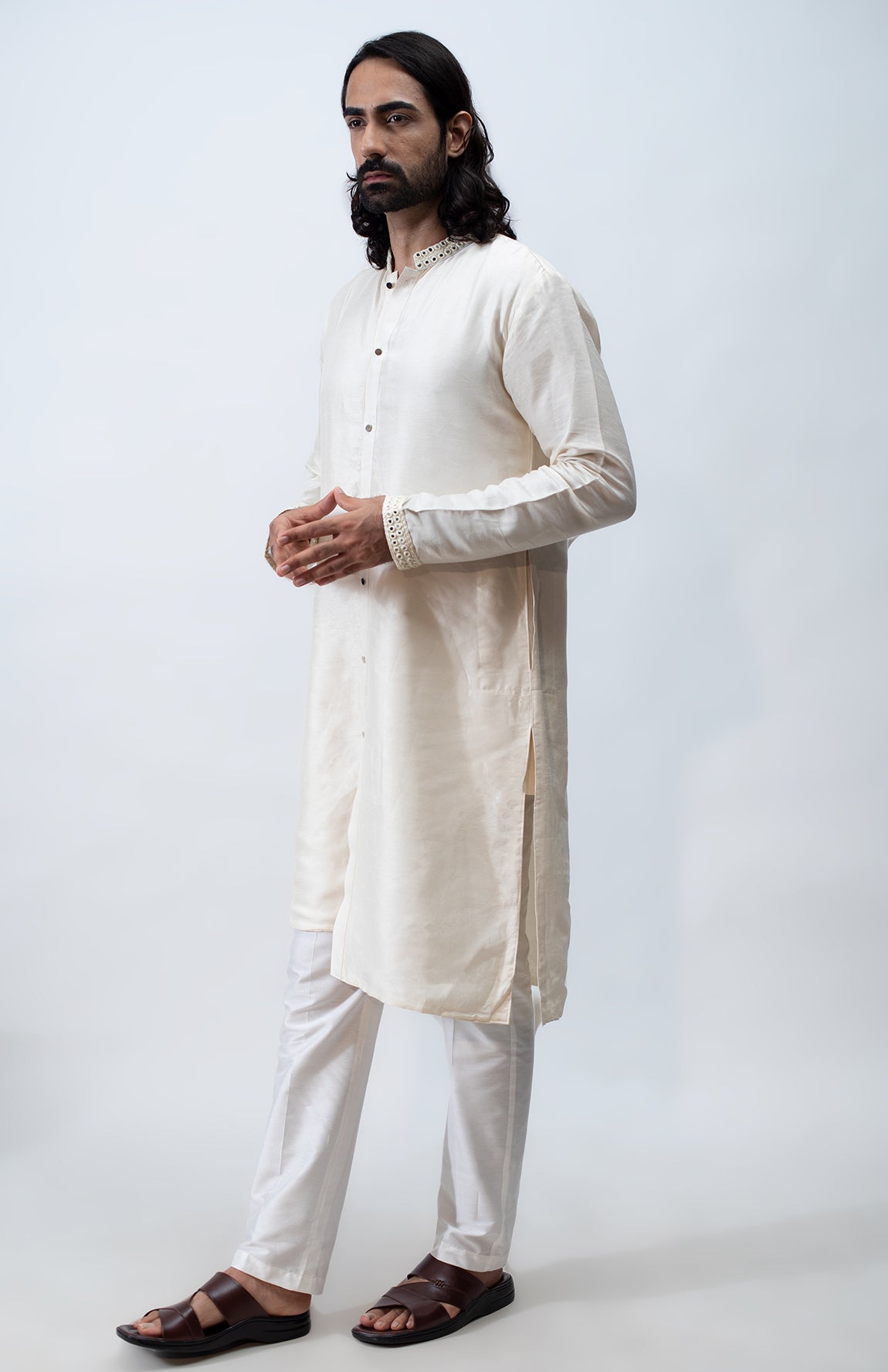 IVORY MIRROR FRONT OPEN HIGH-LOW KURTA SET