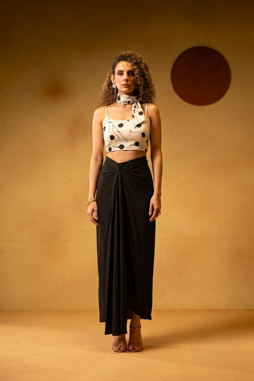 POLKA DRAPED SKIRT SET WITH SCARF