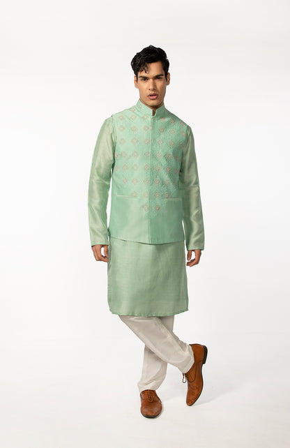 SEA GREEN HAND EMBROIDERED BUNDI WITH SEA GREEN HAND EMBROIDERED KURTA SET