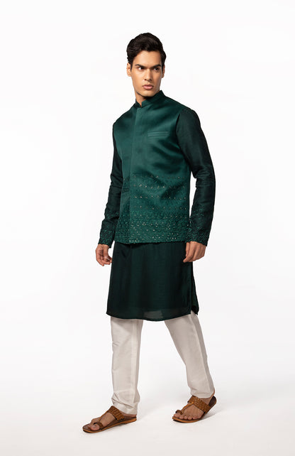BOTTLE GREEN EMBROIDERED BUNDI WITH BOTTLE GREEN EMBROIDERED KURTA SET