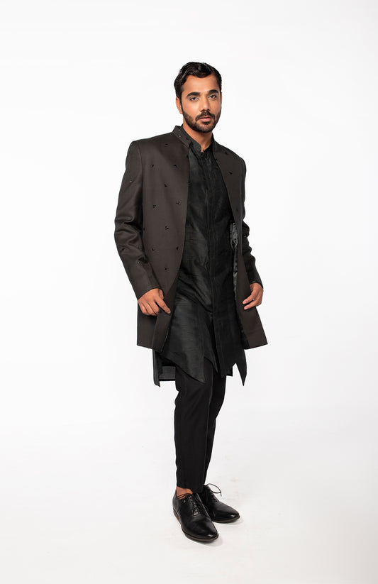 OLIVE EMBROIDERED OPEN JACKET WITH KURTA SET