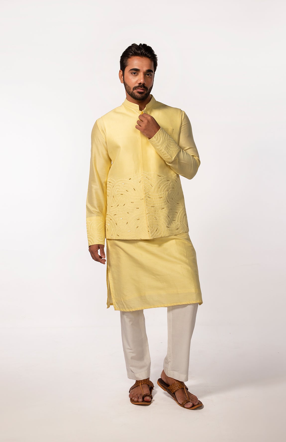 YELLOW  EMBROIDERY BUNDI WITH YELLOW EMBROIDERED KURTA SET