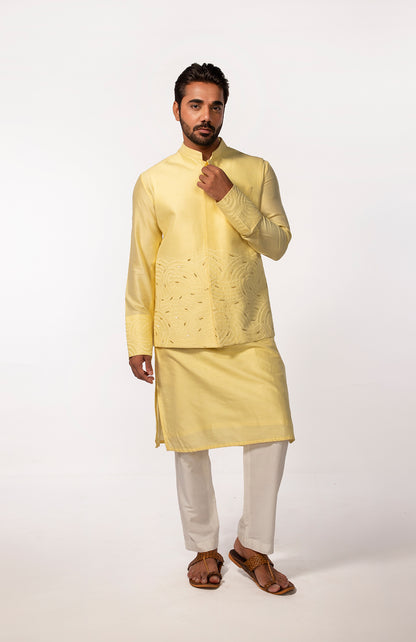 YELLOW  EMBROIDERY BUNDI WITH YELLOW EMBROIDERED KURTA SET