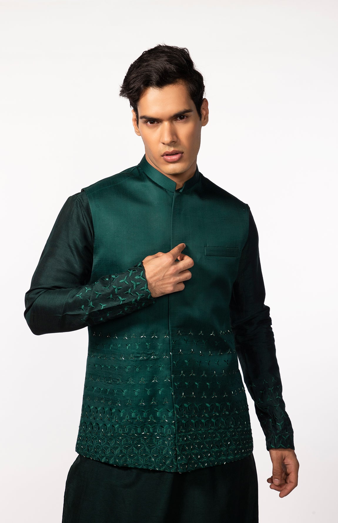 BOTTLE GREEN EMBROIDERED BUNDI