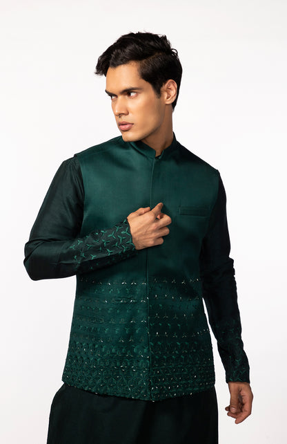 BOTTLE GREEN EMBROIDERED BUNDI WITH BOTTLE GREEN EMBROIDERED KURTA SET