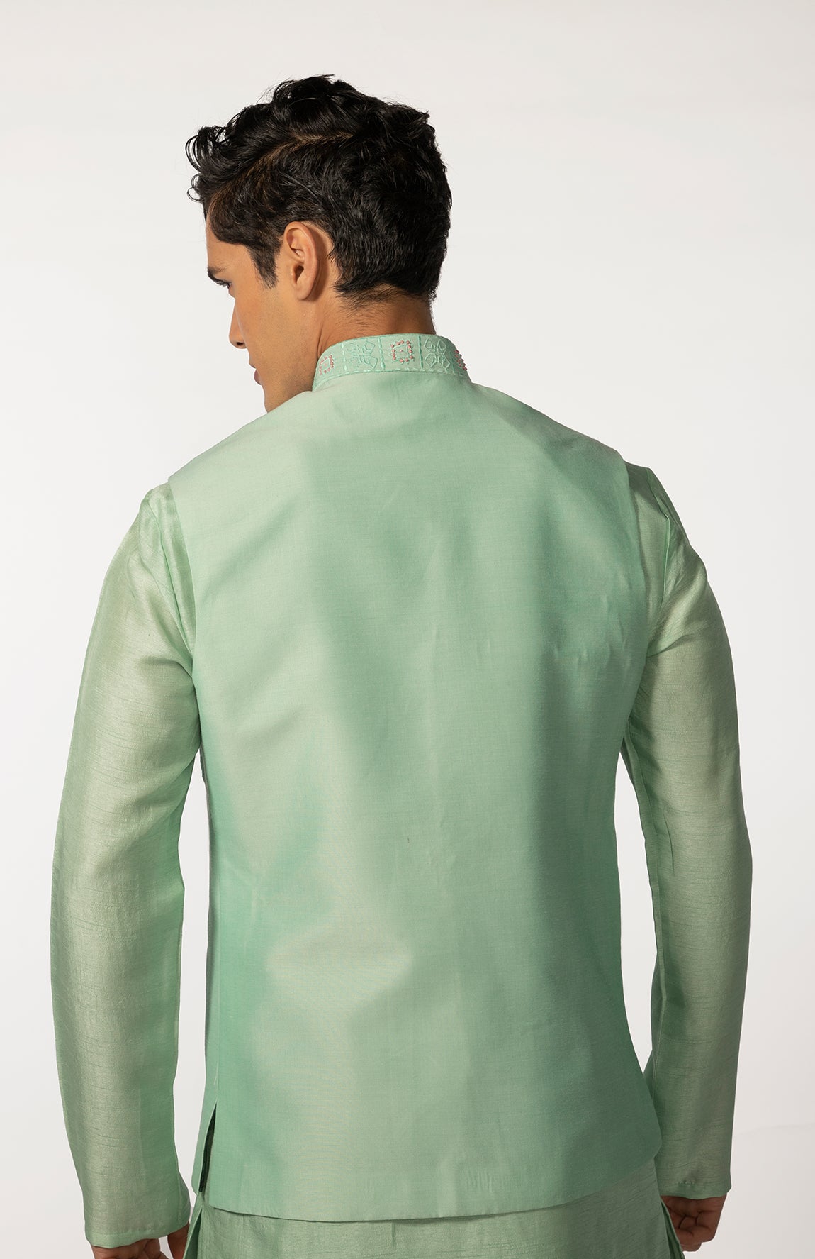 SEA GREEN HAND EMBROIDERED BUNDI