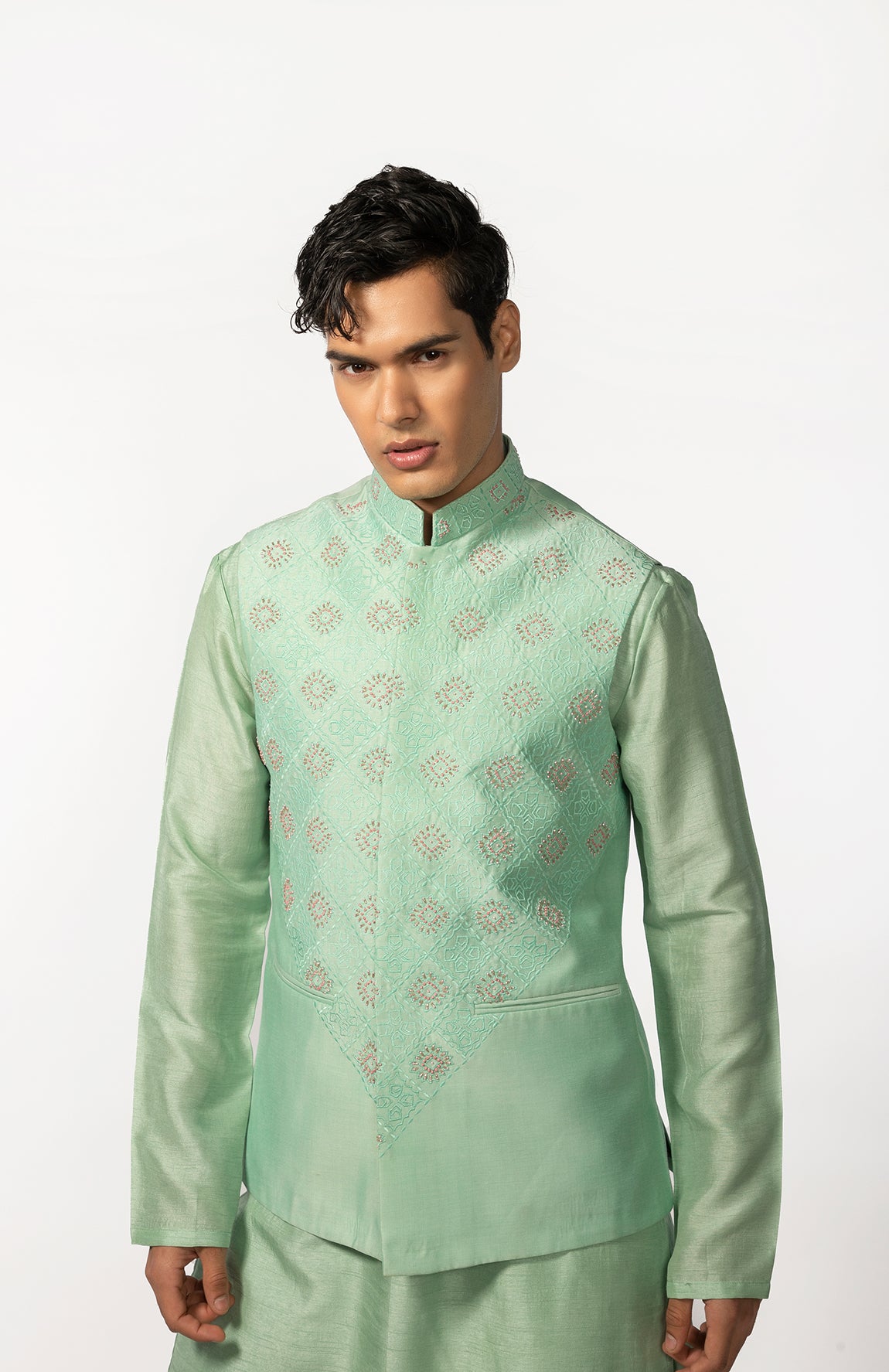 SEA GREEN HAND EMBROIDERED BUNDI
