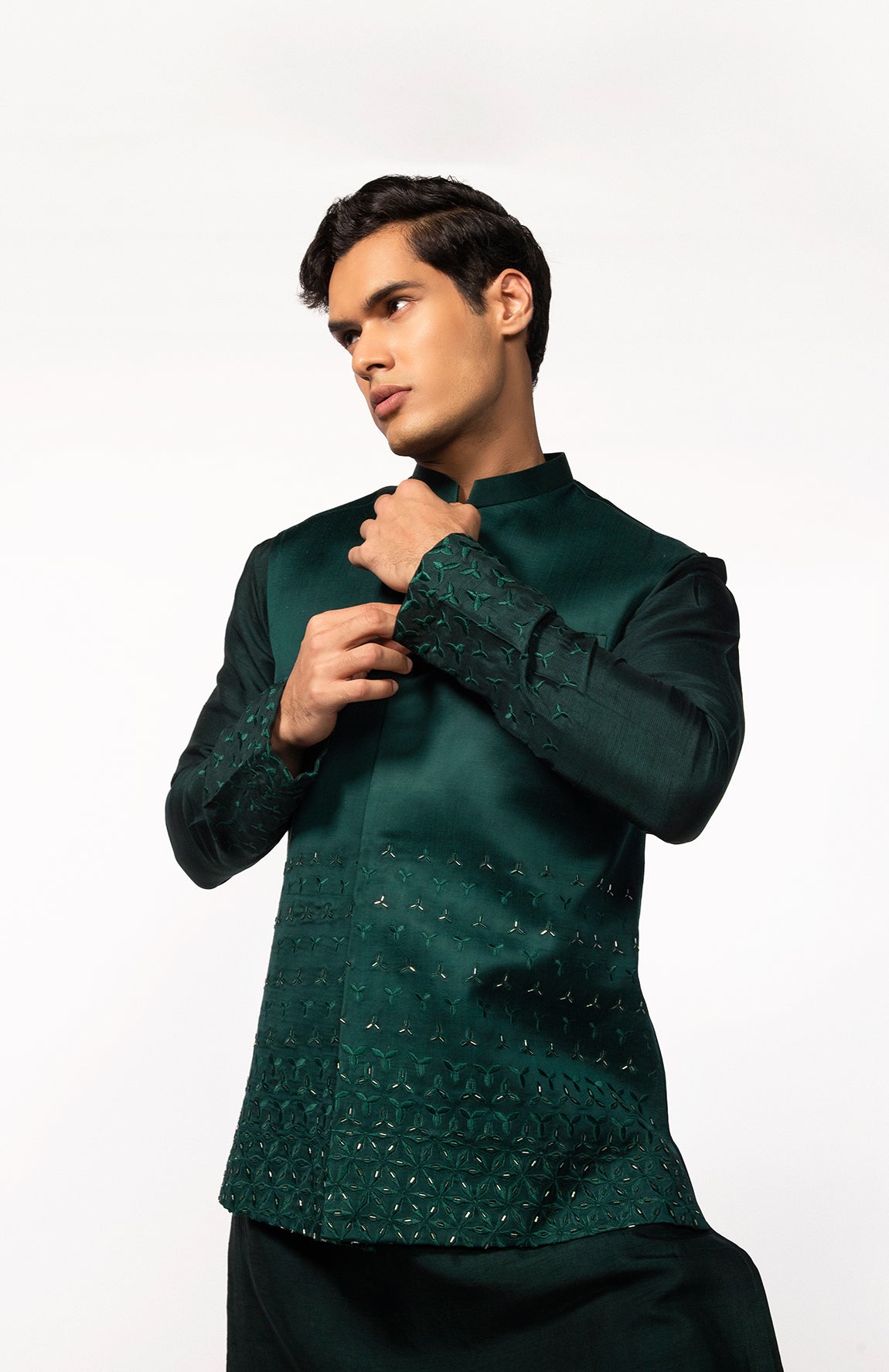 BOTTLE GREEN EMBROIDERED BUNDI