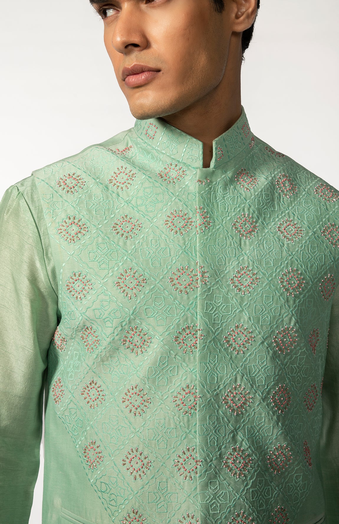 SEA GREEN HAND EMBROIDERED BUNDI