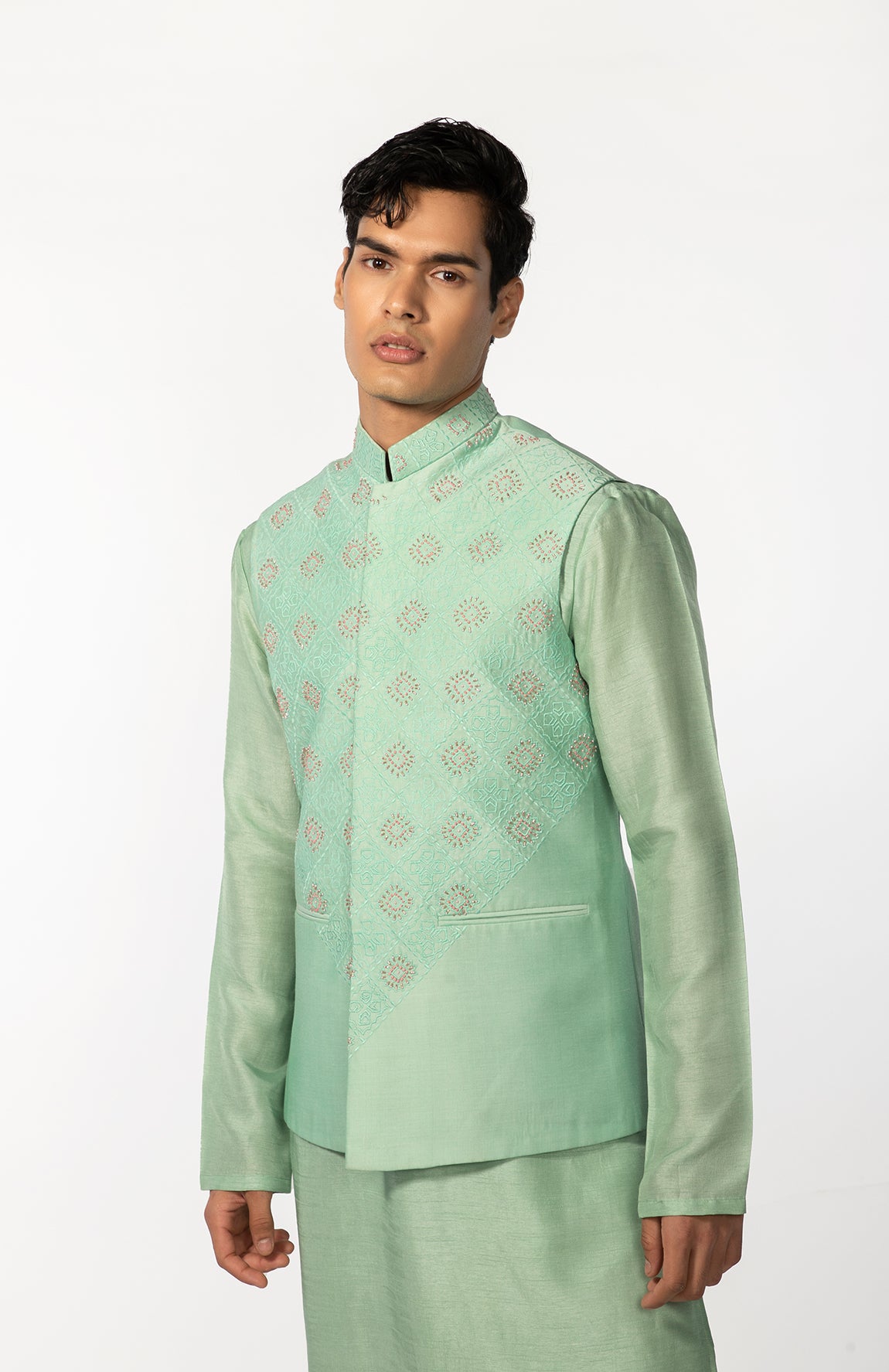 SEA GREEN HAND EMBROIDERED BUNDI