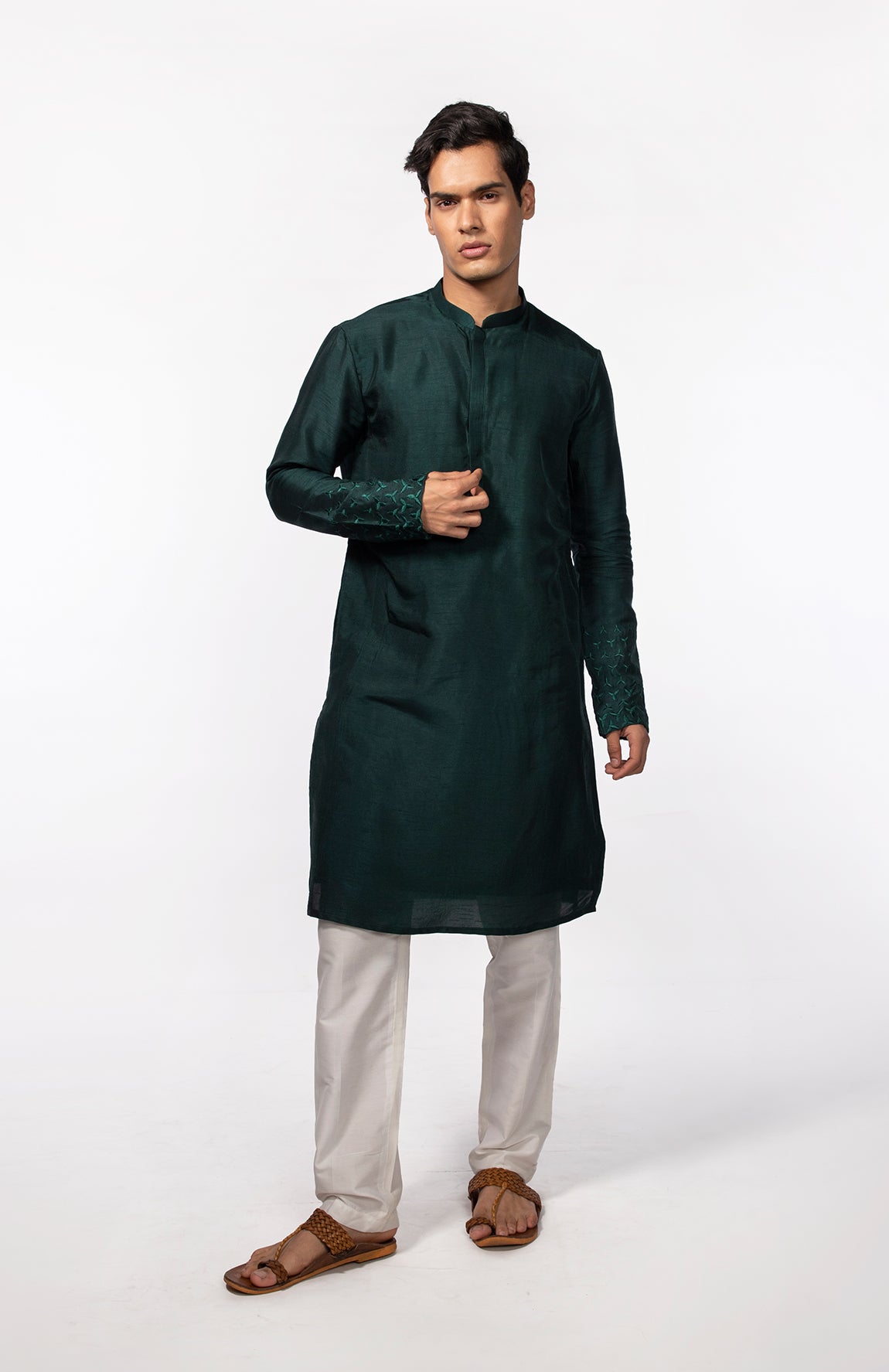 BOTTLE GREEN EMBROIDERED KURTA SET