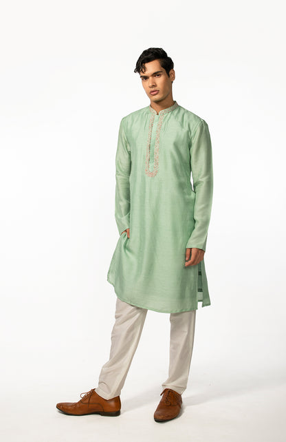 SEA GREEN HAND EMBROIDERED KURTA SET