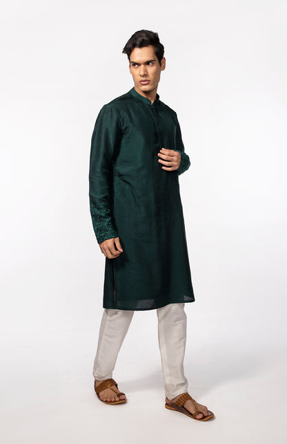 BOTTLE GREEN EMBROIDERED KURTA SET
