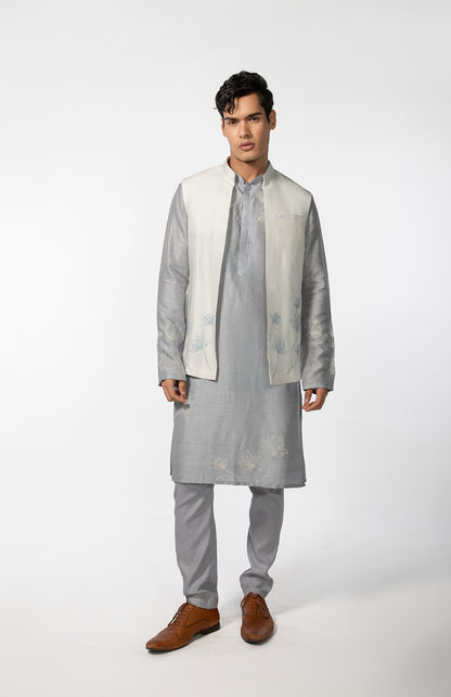IVORY LOTUS OPEN BUNDI WITH GREY LOTUS KURTA SET