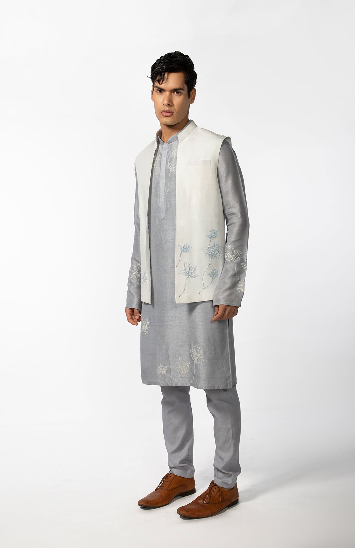 IVORY LOTUS OPEN BUNDI WITH GREY LOTUS KURTA SET