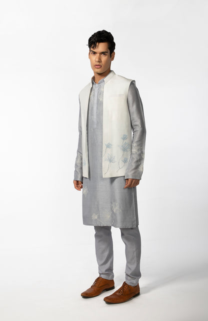 IVORY LOTUS OPEN BUNDI WITH GREY LOTUS KURTA SET