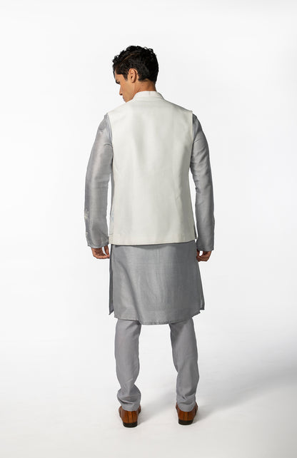 IVORY LOTUS OPEN BUNDI WITH GREY LOTUS KURTA SET