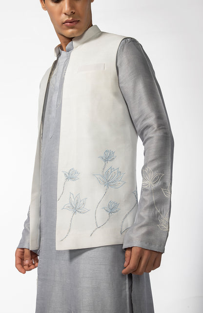 IVORY LOTUS OPEN BUNDI WITH GREY LOTUS KURTA SET