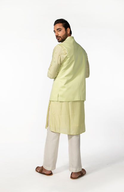 MINT GREEN ABSTRACT MIRROR BUNDI WITH MINT GREEN MIRROR ABSTRACT KURTA SET