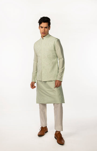 SOOTHING GREEN EMBROIDERED WITH HIGHLIGHTS BUNDI WITH GREEN EMBROIDERED KURTA SET