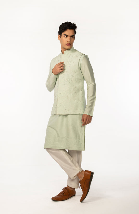 SOOTHING GREEN EMBROIDERED WITH HIGHLIGHTS BUNDI WITH GREEN EMBROIDERED KURTA SET