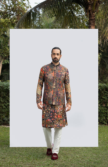 BLACK PRINTED MIRROR KURTA WITH BUNDI SET